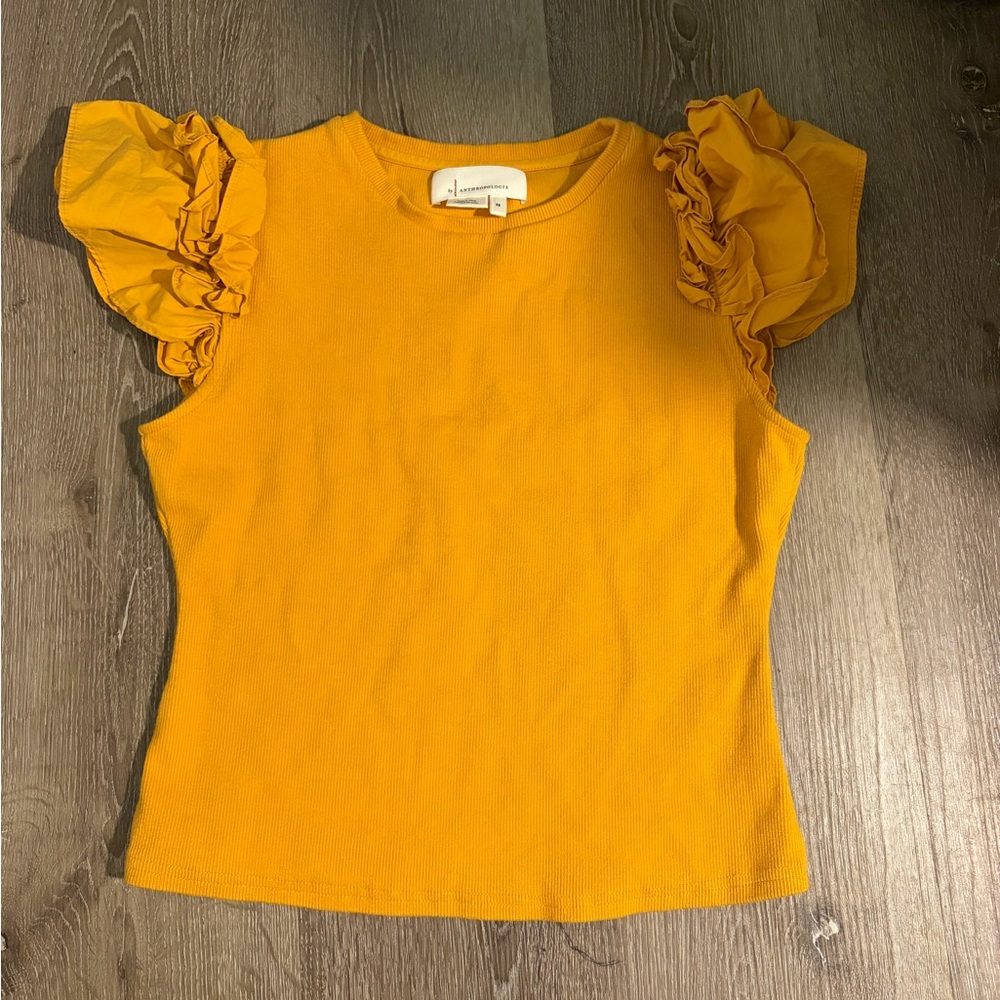 Anthropologie Yellow Ruffle Sleeve Top
